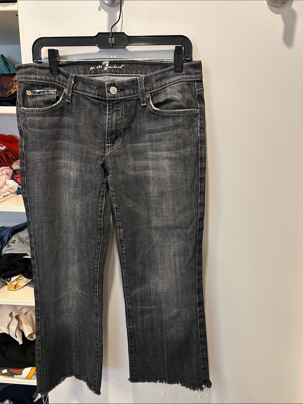 7 For All Mankind Black Washed Cropped Jeans with Raw Hem